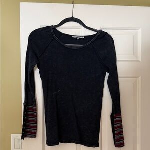 BKE Black Top with Red and Gray Striped Sleeves